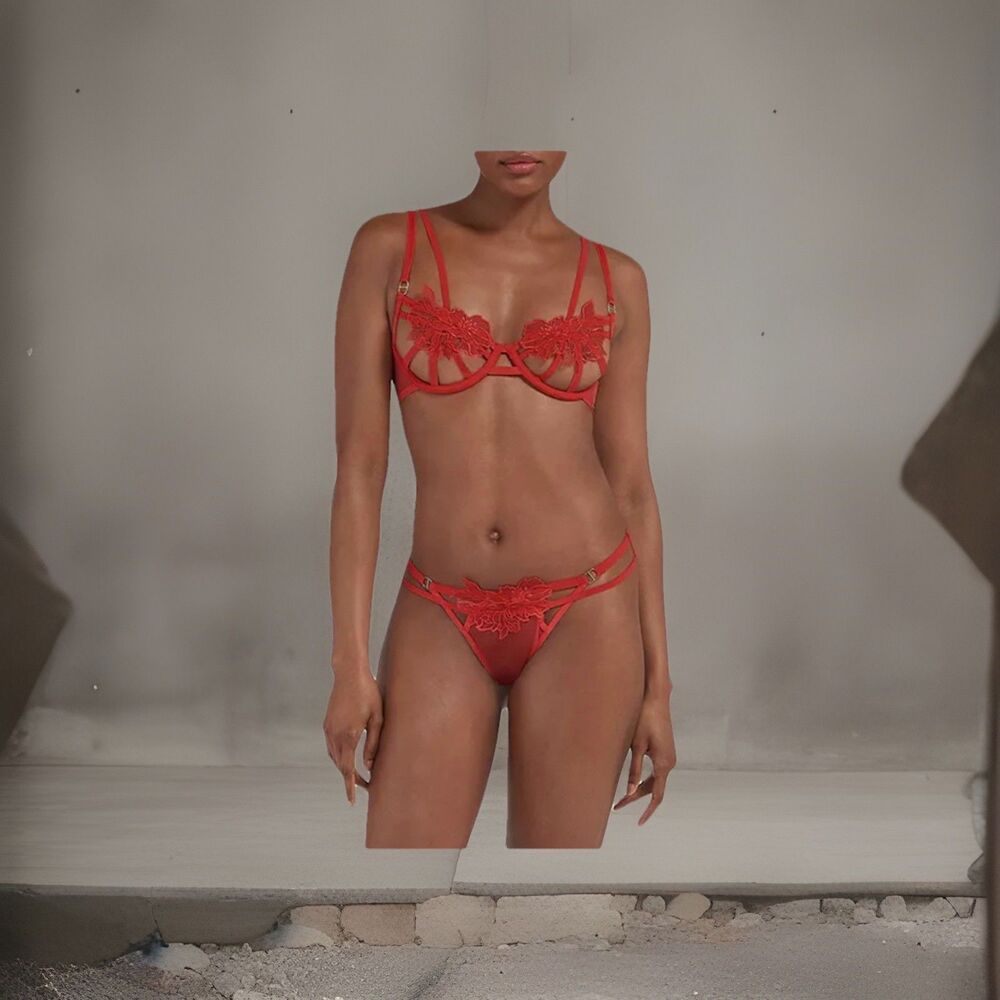 Bluebella Tempest  Red Lace  SET  Bra 36D  AND Thong M  NWT